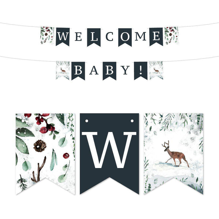 Winter Snowy Woodland Forest Watercolor Baby Shower Collection, Hanging Pennant Banner with String-Set of 1-Andaz Press-Welcome Baby-