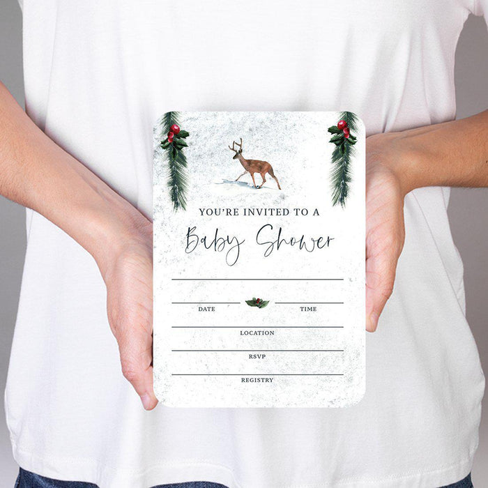 Winter Snowy Woodland Forest Watercolor Baby Shower Party, Blank Invitations with Envelopes, Baby Shower Invitations-Set of 20-Andaz Press-