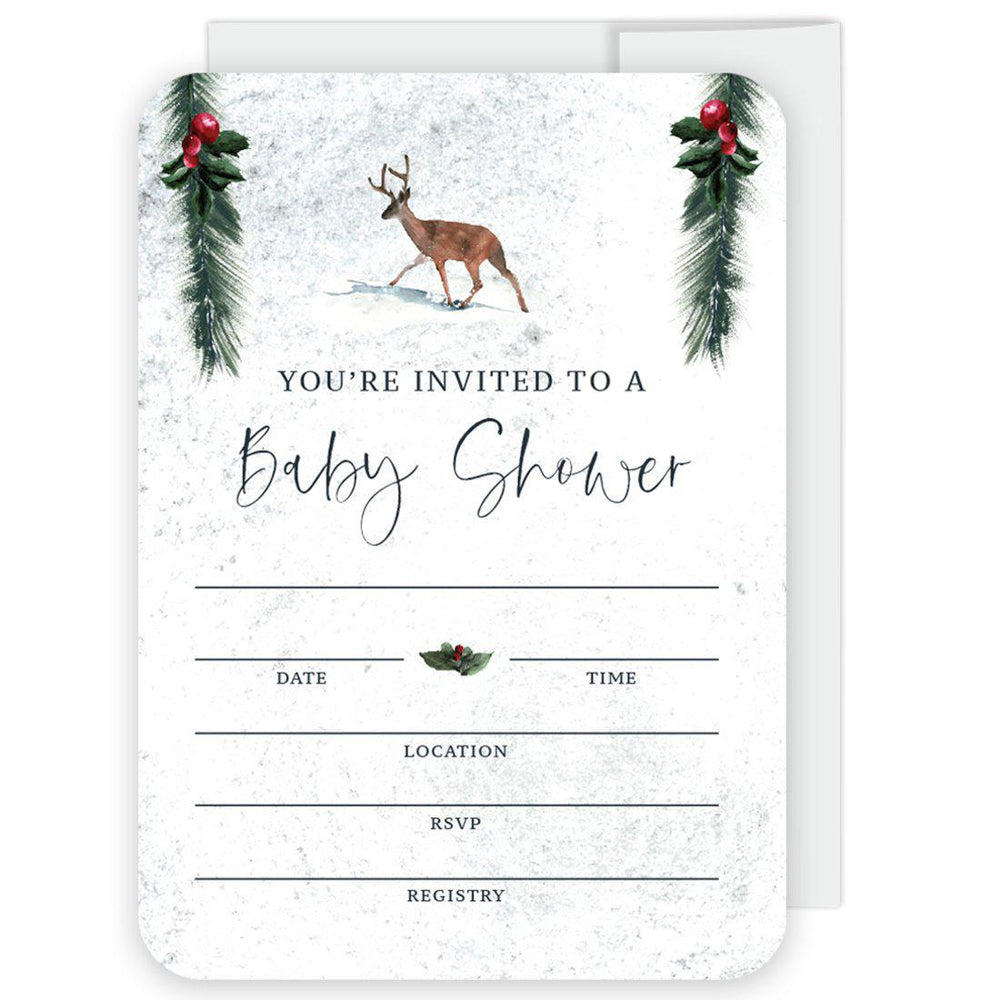 Winter Snowy Woodland Forest Watercolor Baby Shower Party, Blank Invitations with Envelopes, Baby Shower Invitations-Set of 20-Andaz Press-