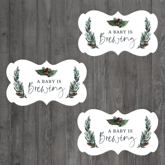 Winter Snowy Woodland Forest Watercolor Baby Shower Party, Cupcake Topper DIY Party Favor Kit, Fancy Frame Shape-Set of 18-Andaz Press-Baby Is Brewing-