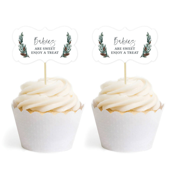 Winter Snowy Woodland Forest Watercolor Baby Shower Party, Cupcake Topper DIY Party Favor Kit, Fancy Frame Shape-Set of 18-Andaz Press-Baby Is Brewing-