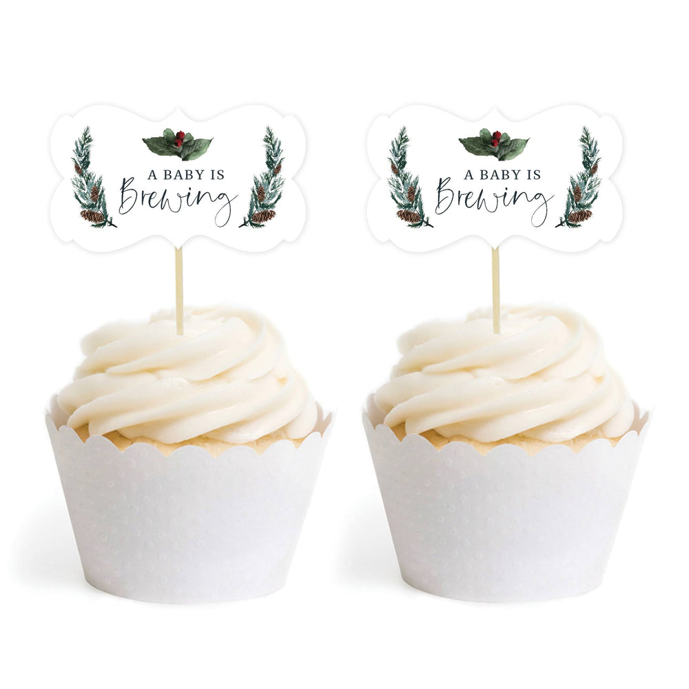Winter Snowy Woodland Forest Watercolor Baby Shower Party, Cupcake Topper DIY Party Favor Kit, Fancy Frame Shape-Set of 18-Andaz Press-Baby Is Brewing-