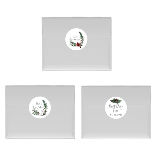 Winter Snowy Woodland Forest Watercolor Wedding Collection, Chocolate Drop Label Stickers Trio, Custom Name and Date-Set of 240-Andaz Press-