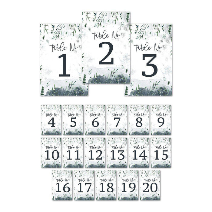 Winter Snowy Woodland Forest Watercolor Wedding Collection, Table Numbers on Perforated Paper, Single-Sided-Set of 1-Andaz Press-Table Numbers 1-20-