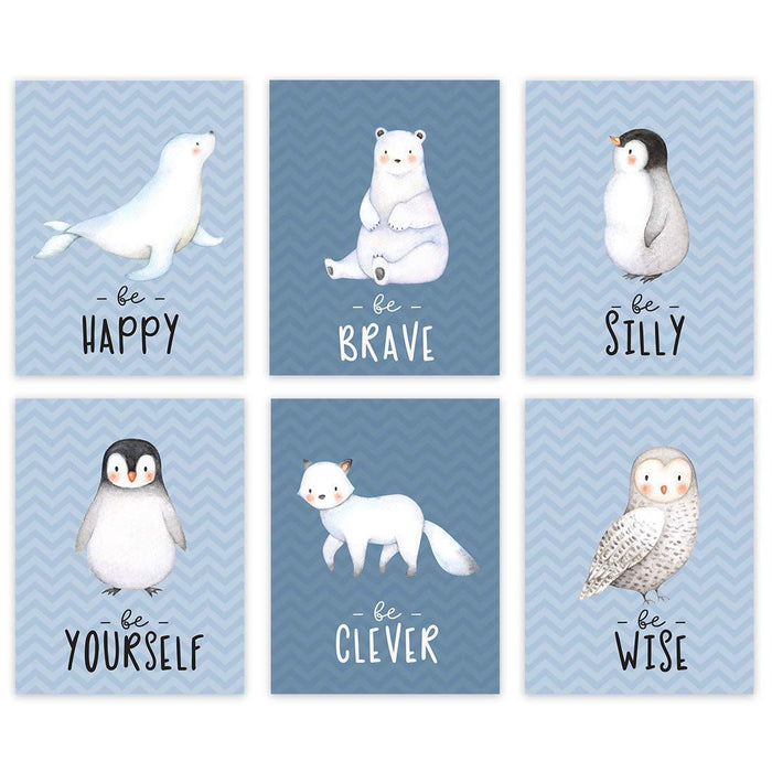 Winter Wonderland Arctic Animals Nursery Room Wall Art-Set of 6-Andaz Press-Penguin, Owl, Winter Fox, Bear, Seal-
