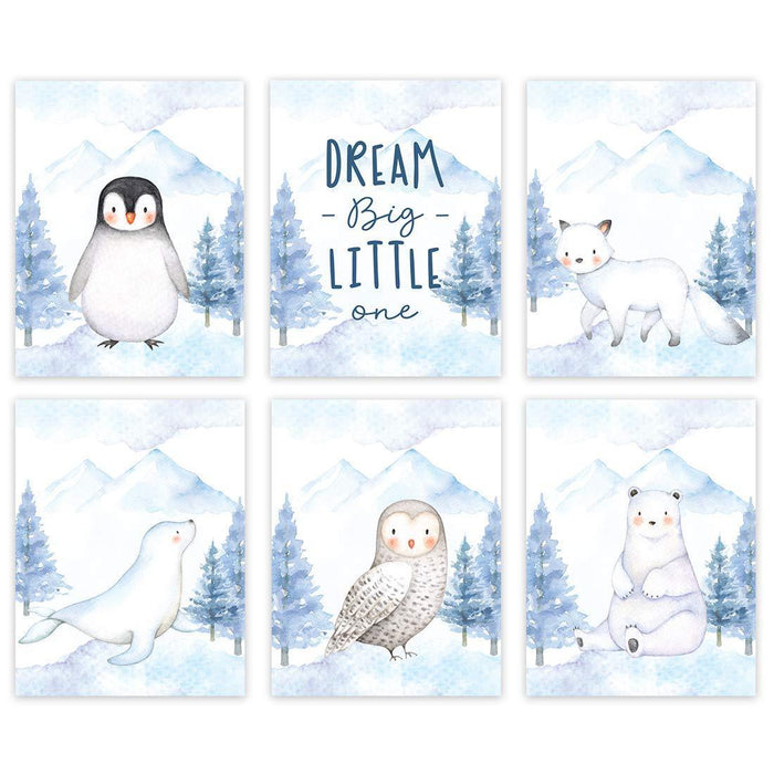 Winter Wonderland Arctic Animals Nursery Room Wall Art-Set of 6-Andaz Press-Penguin, Owl, Winter Fox, Bear, Seal-