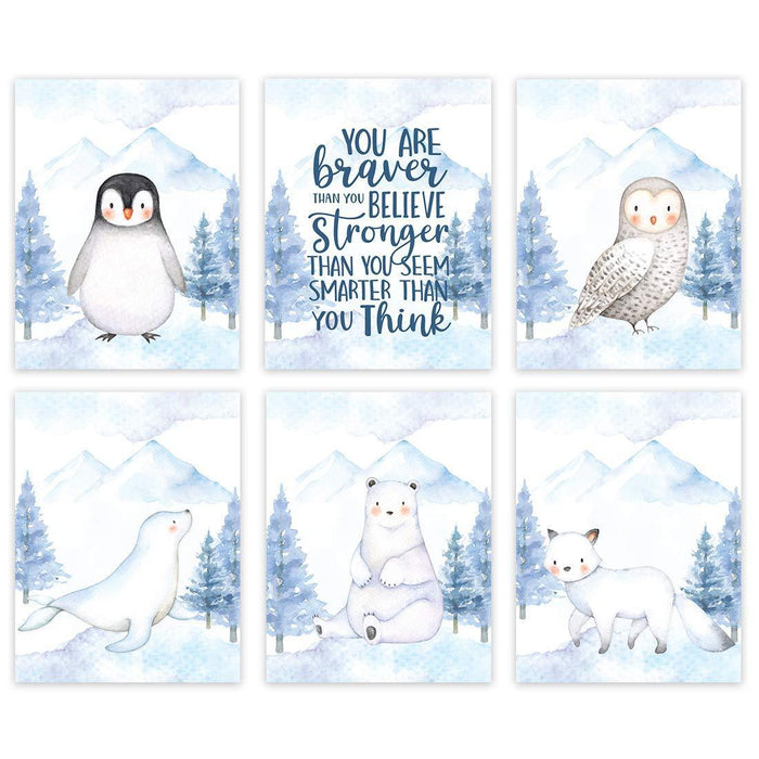 Winter Wonderland Arctic Animals Nursery Room Wall Art-Set of 6-Andaz Press-Penguin, Owl, Winter Fox, Bear, Seal-