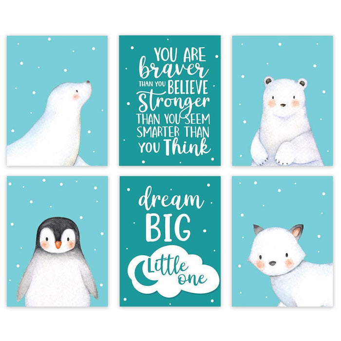 Winter Wonderland Arctic Animals Nursery Room Wall Art-Set of 6-Andaz Press-Penguin, Owl, Winter Fox, Bear, Seal-
