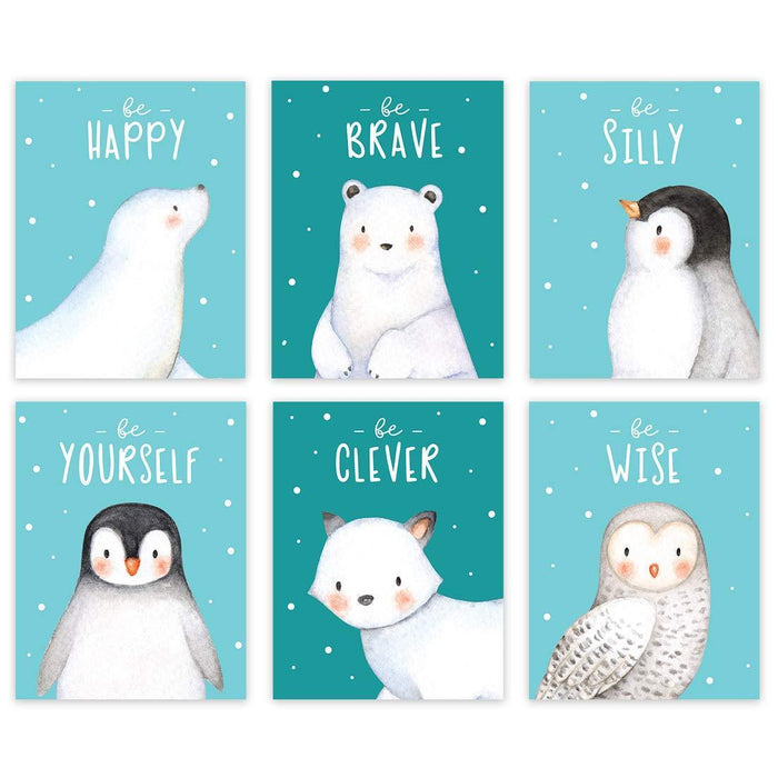 Winter Wonderland Arctic Animals Nursery Room Wall Art-Set of 6-Andaz Press-Aqua, Be Brave Kind Silly Wise, Penguin, Owl, Winter Fox, Bear, Seal-