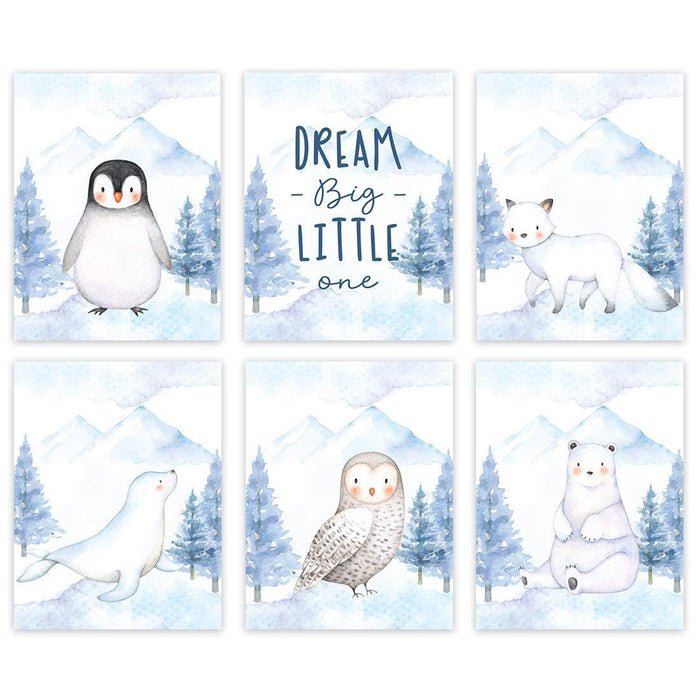 Winter Wonderland Arctic Animals Nursery Room Wall Art-Set of 6-Andaz Press-Dream Big Little One, You are So Loved, Penguin, Owl-