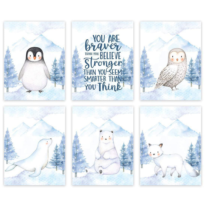 Winter Wonderland Arctic Animals Nursery Room Wall Art-Set of 6-Andaz Press-Motivational, You are Stronger Thank You Believe, Penguin-