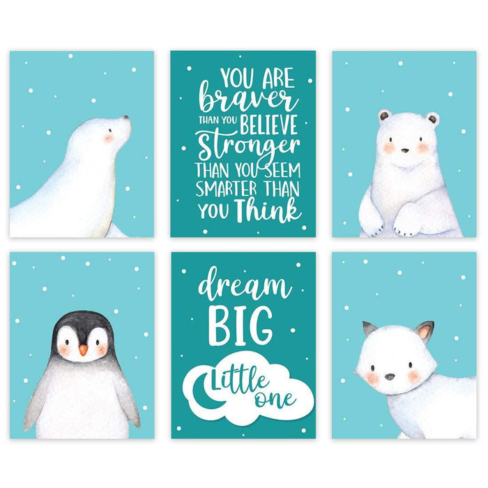 Winter Wonderland Arctic Animals Nursery Room Wall Art-Set of 6-Andaz Press-Motivational, You are Stronger Thank You Believe, Penguin, Winter Fox-