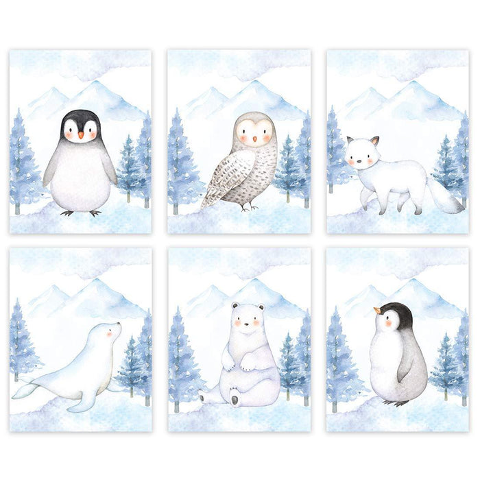 Winter Wonderland Arctic Animals Nursery Room Wall Art-Set of 6-Andaz Press-Penguin, Owl, Winter Fox, Bear, Seal-