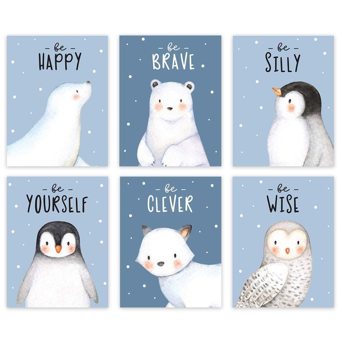 Winter Wonderland Arctic Animals Nursery Room Wall Art-Set of 6-Andaz Press-Winter Blues, Be Brave Kind Silly Wise, Penguin, Owl, Winter Fox, Bear, Seal-