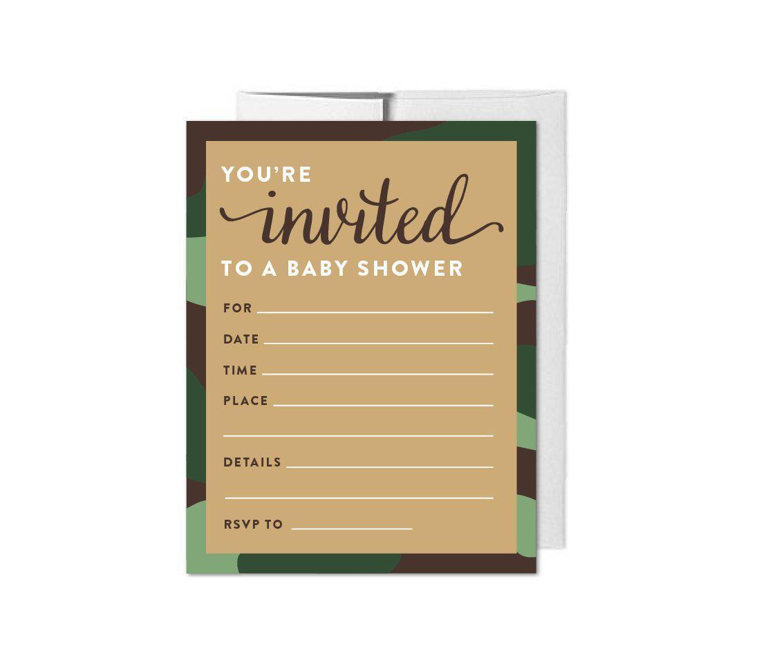 Woodland Camouflage Boy Baby Shower Blank Invitations, 20-Pack, image size:1095x939