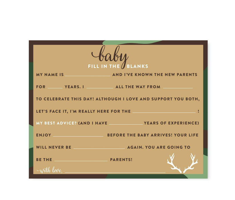 Woodland Camouflage Boy Baby Shower Games & Fun Activities-Set of 20-Andaz Press-Fill-In-The-Blank-