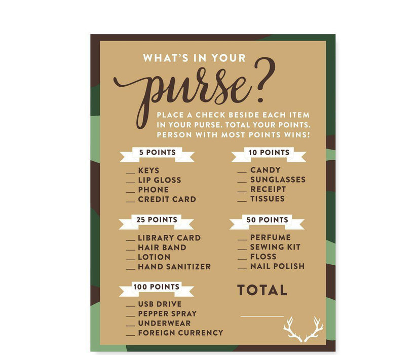 Woodland Camouflage Boy Baby Shower Games & Fun Activities-Set of 20-Andaz Press-What's In Your Purse?-