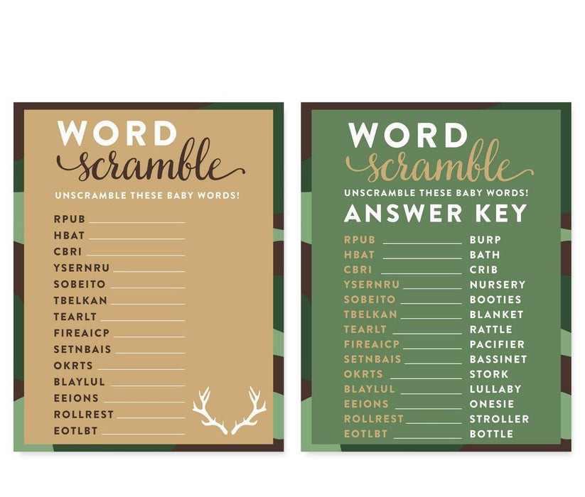 Woodland Camouflage Boy Baby Shower Games & Fun Activities-Set of 20-Andaz Press-Word Scramble-