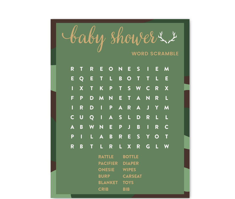 Woodland Camouflage Boy Baby Shower Games & Fun Activities-Set of 20-Andaz Press-Word Search-