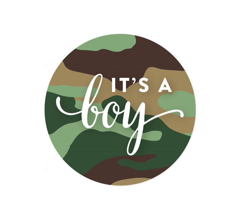 Woodland Camouflage Boy Baby Shower Round Label Stickers-Set of 40-Andaz Press-It's A Boy-