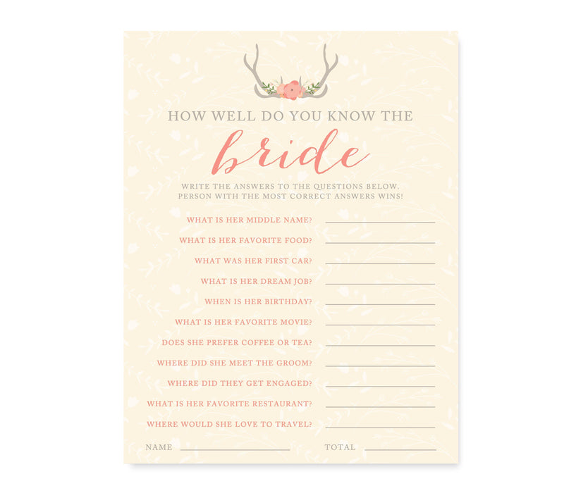 Woodland Deer Wedding Bridal Shower Game Cards-Set of 20-Andaz Press-How Well Do You Know The Bride?-