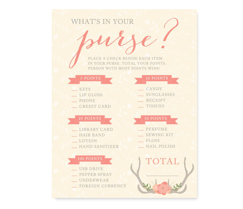 Woodland Deer Wedding Bridal Shower Game Cards-Set of 20-Andaz Press-What's In Your Purse?-