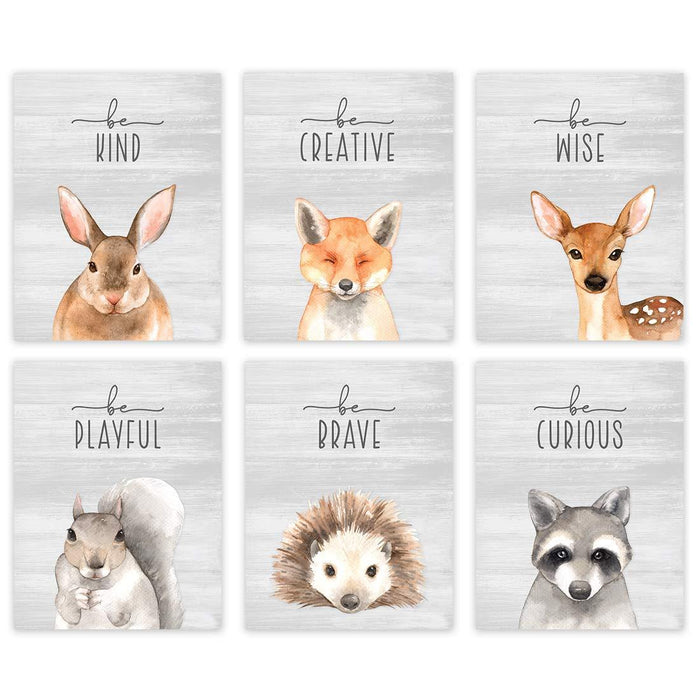 Woodland Forest Animals Nursery Room Wall Art-Set of 6-Andaz Press-Pink Floral Roses Woodland Forest Animals Rabbit Fox Deer Hedgehog Raccoon-