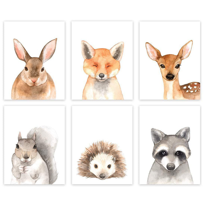 Woodland Forest Animals Nursery Room Wall Art-Set of 6-Andaz Press-Pink Rabbit Fox Deer Hedgehog Raccoon-