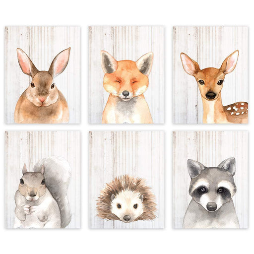 Woodland Forest Animals Nursery Room Wall Art-Set of 6-Andaz Press-Rustic Rabbit Fox Deer Hedgehog Raccoon-
