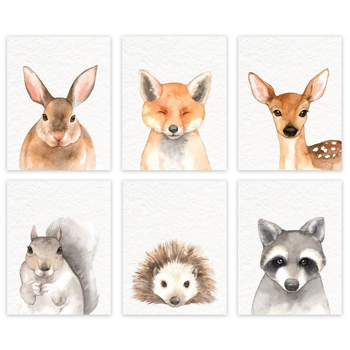 Woodland Forest Animals Nursery Room Wall Art-Set of 6-Andaz Press-Watercolor Rabbit Fox Deer Hedgehog Raccoon-