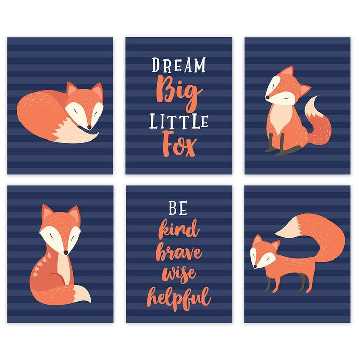 Woodland Fox Theme Nursery Room Hanging Wall Art-Set of 6-Andaz Press-Fox Graphics Gray Trees, Inspirational, Be Wise Kind Brave-