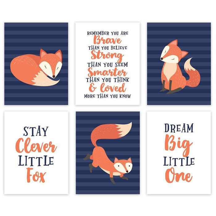 Woodland Fox Theme Nursery Room Hanging Wall Art-Set of 6-Andaz Press-Fox Graphics Gray Trees, Inspirational, Be Wise Kind Brave-