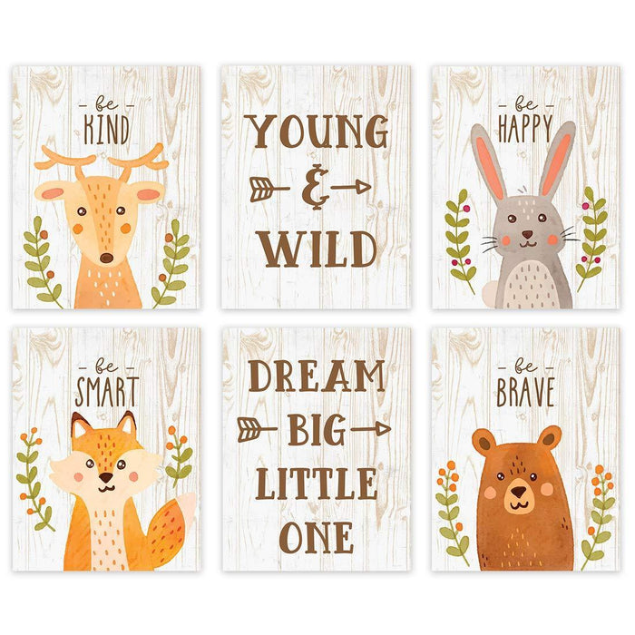 Woodland Fox Theme Nursery Room Hanging Wall Art-Set of 6-Andaz Press-Fox Graphics Gray Trees, Inspirational, Be Wise Kind Brave-