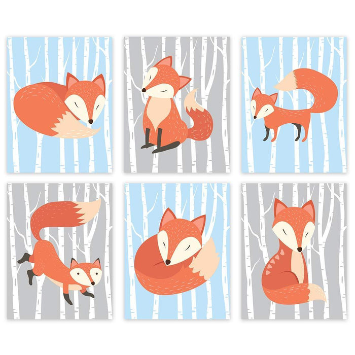 Woodland Fox Theme Nursery Room Hanging Wall Art-Set of 6-Andaz Press-Fox Graphics Gray Blue Trees-