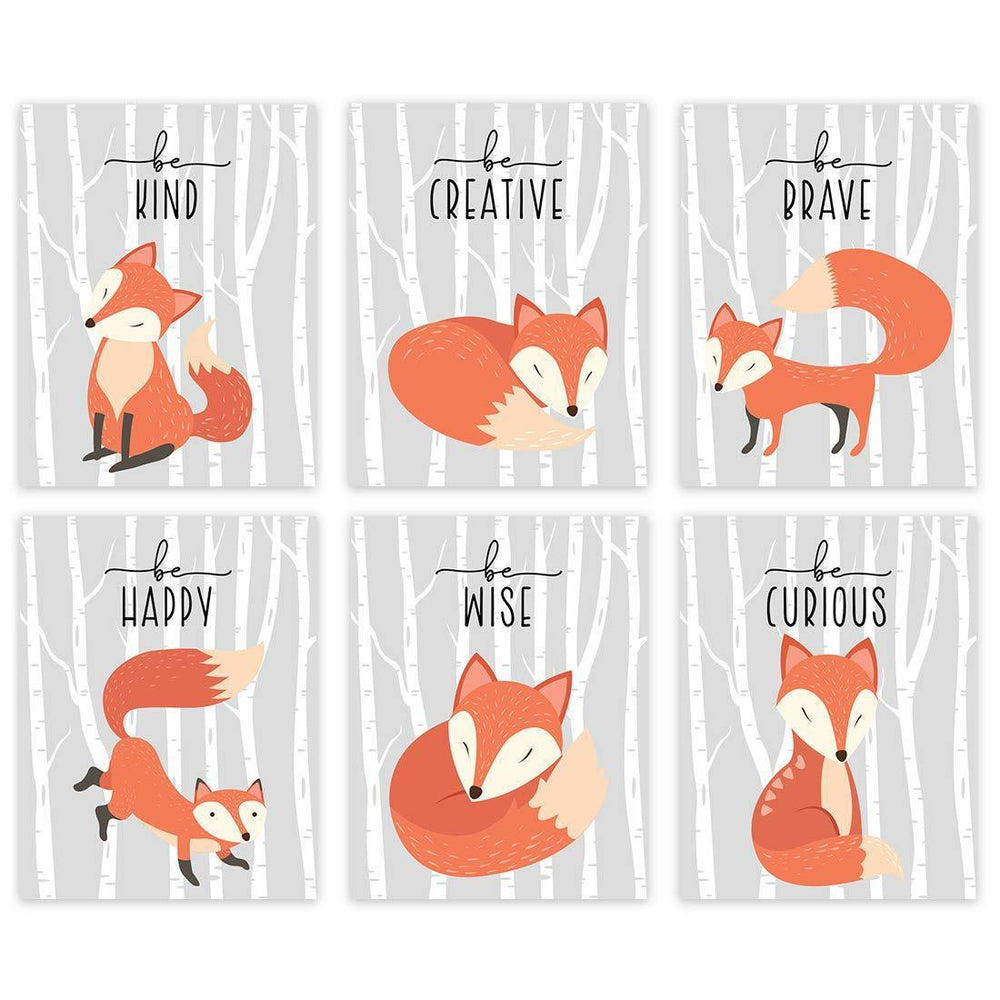 Woodland Fox Theme Nursery Room Hanging Wall Art-Set of 6-Andaz Press-Fox Graphics Gray Trees, Inspirational, Be Wise Kind Brave-