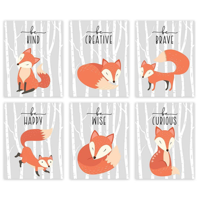 Woodland Fox Theme Nursery Room Hanging Wall Art-Set of 6-Andaz Press-Fox Graphics Gray Trees, Inspirational, Be Wise Kind Brave-