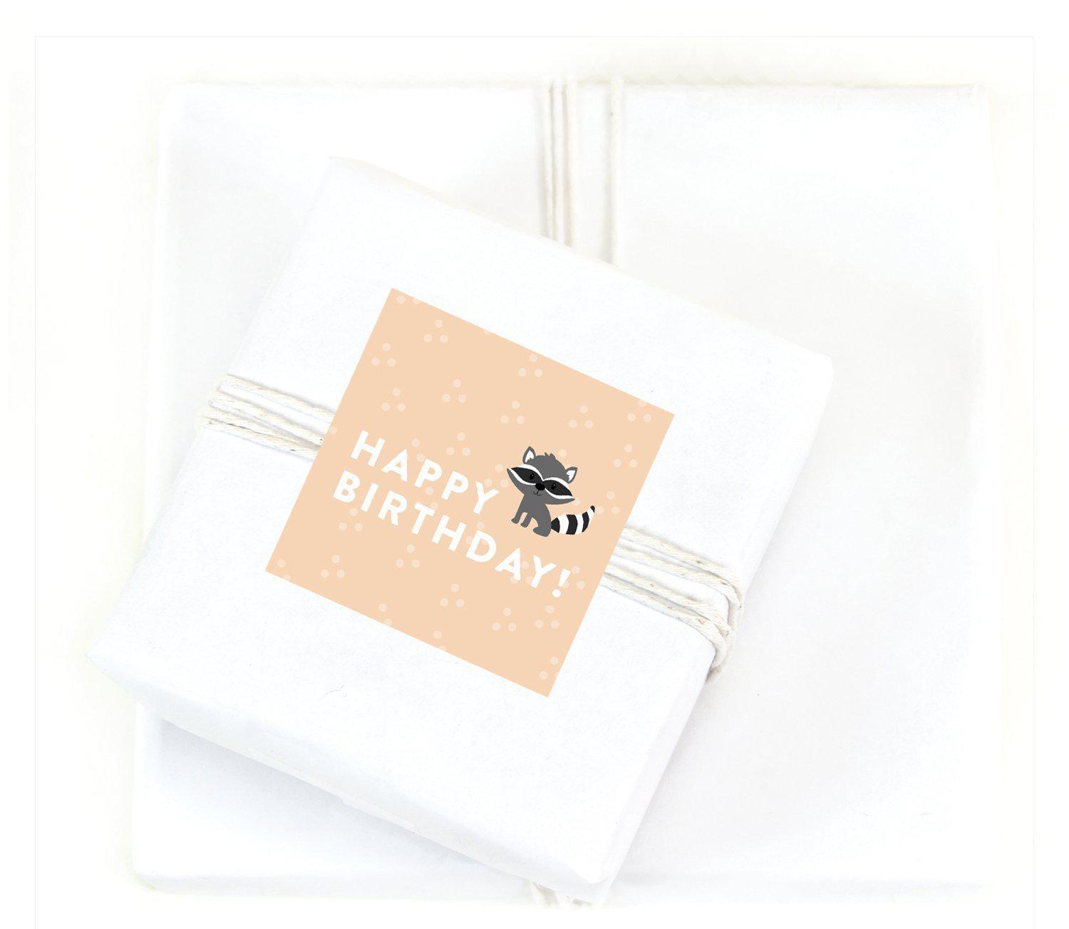 Woodland Friends Birthday Square Gift Labels-Set of 40-Andaz Press-Happy Birthday Raccoon-