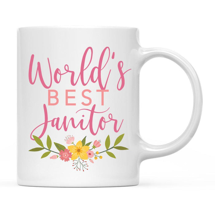 World's Best Profession, Pink Floral Design Ceramic Coffee Mug Collection 2-Set of 1-Andaz Press-Janitor-