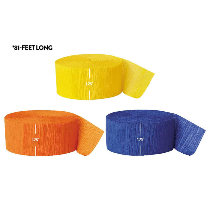 Yellow, Orange, Royal Blue Crepe Paper Streamer Hanging Decorative Kit-Set of 3-Andaz Press-
