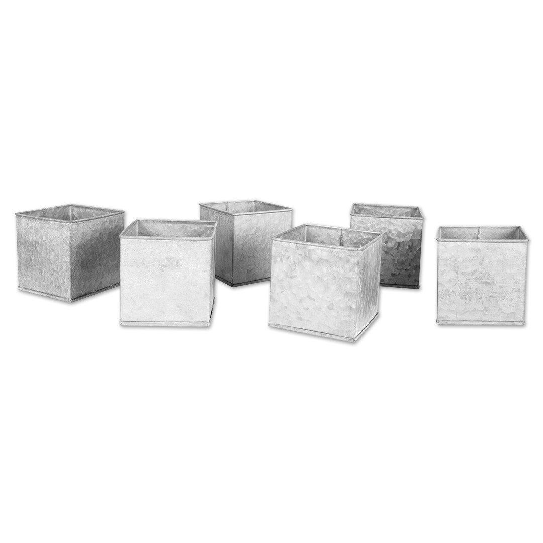 Koyal Wholesale Metal Square Container Vase, 4 x 4 inch Vase Set of 6 Galvanized Metal Cube Box Planters