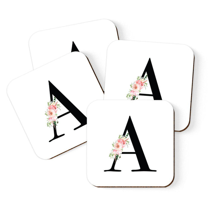 Square Coffee Drink Coasters Gift Set, Blush Floral Monogram-Set of 4-Andaz Press-A-