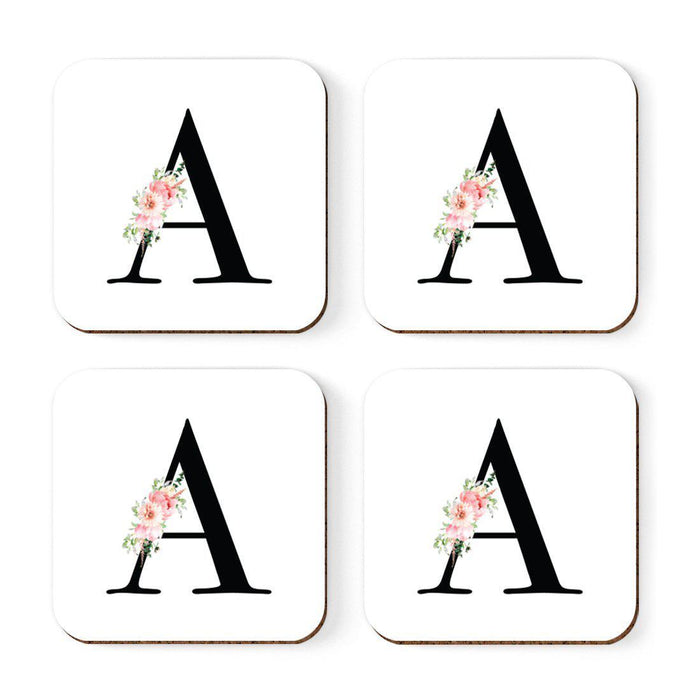 Square Coffee Drink Coasters Gift Set, Blush Floral Monogram-Set of 4-Andaz Press-A-