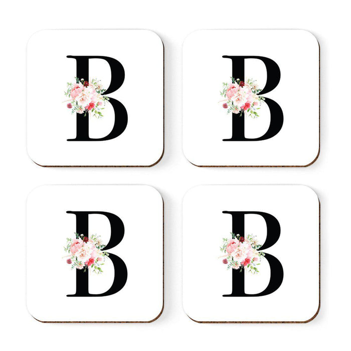 Square Coffee Drink Coasters Gift Set, Blush Floral Monogram-Set of 4-Andaz Press-B-
