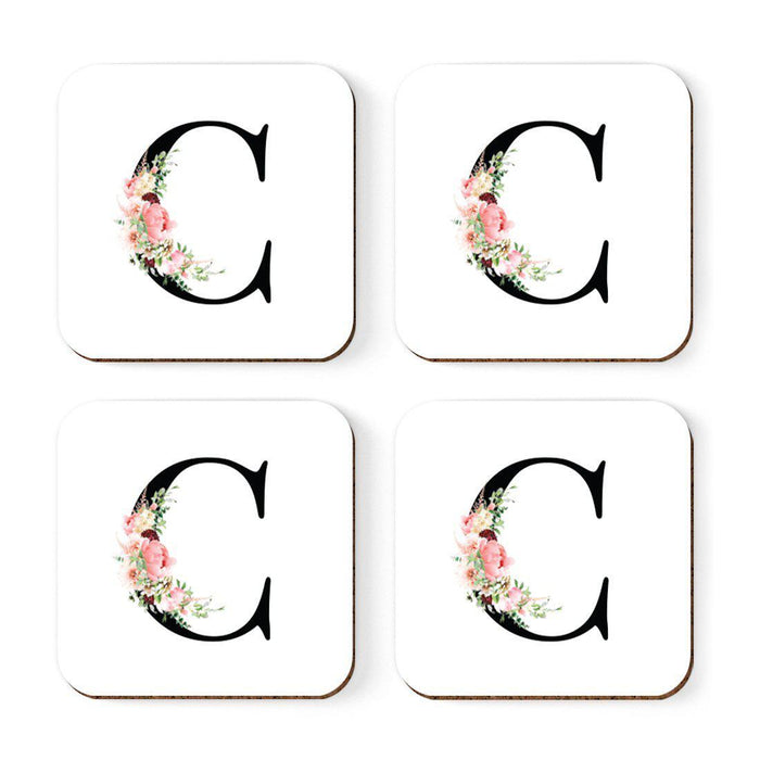 Square Coffee Drink Coasters Gift Set, Blush Floral Monogram-Set of 4-Andaz Press-C-