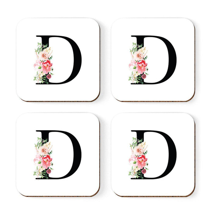 Square Coffee Drink Coasters Gift Set, Blush Floral Monogram-Set of 4-Andaz Press-D-