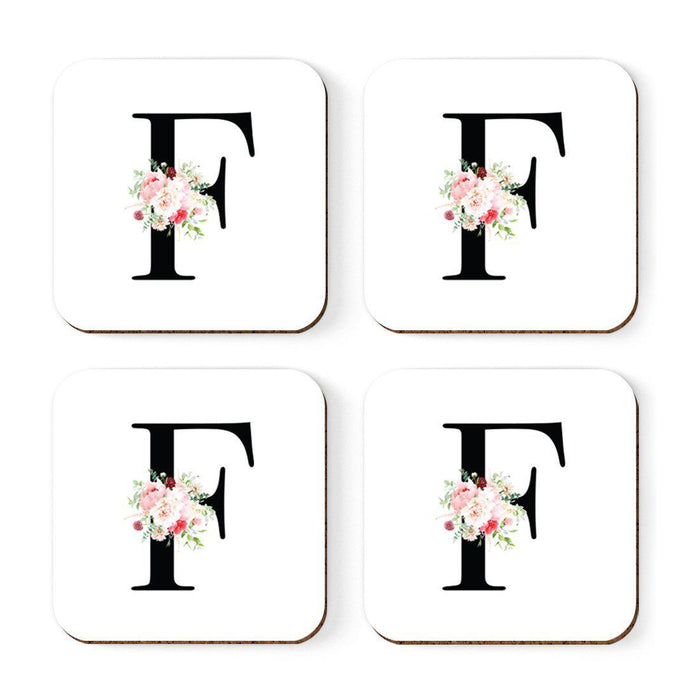 Square Coffee Drink Coasters Gift Set, Blush Floral Monogram-Set of 4-Andaz Press-F-