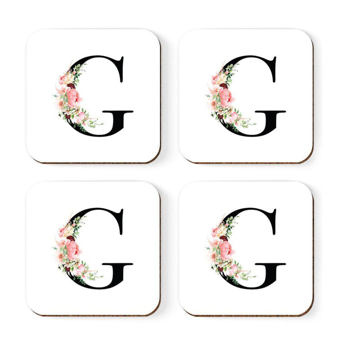 Square Coffee Drink Coasters Gift Set, Blush Floral Monogram-Set of 4-Andaz Press-G-