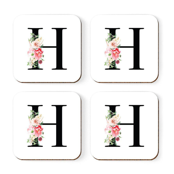 Square Coffee Drink Coasters Gift Set, Blush Floral Monogram-Set of 4-Andaz Press-H-