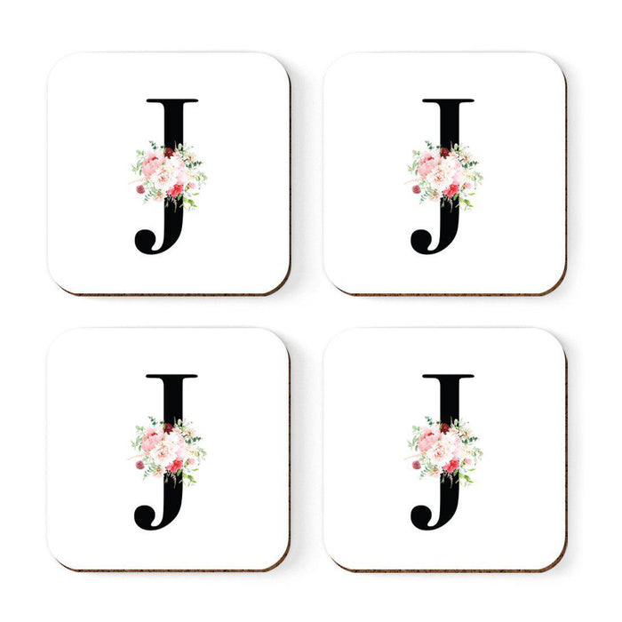 Square Coffee Drink Coasters Gift Set, Blush Floral Monogram-Set of 4-Andaz Press-J-