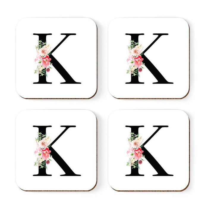 Square Coffee Drink Coasters Gift Set, Blush Floral Monogram-Set of 4-Andaz Press-K-